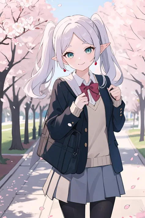 anime girl with white hair and blue eyes in a school uniform