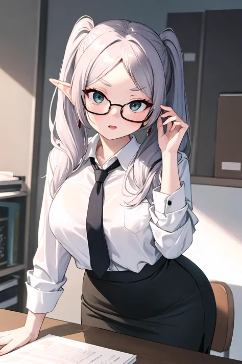 anime girl with glasses and a tie sitting at a desk