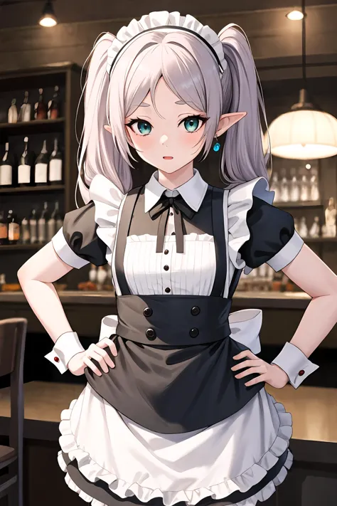 anime character dressed in maid outfit standing in front of a bar