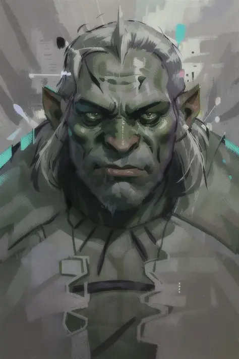 disco elysium, close up of a green orc paladin, portrait, grim face, white hair,  heavy outlines, expressionist painting, colorf...