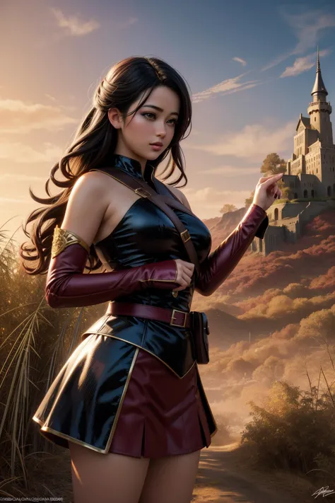 a woman in a leather outfit standing in front of a castle