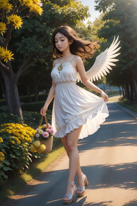 a woman in a white dress walking down a road with a basket of flowers