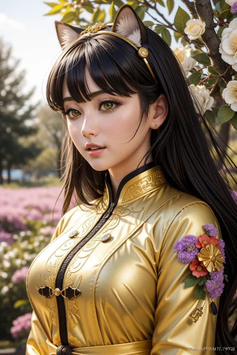 a close up of a woman in a gold outfit with a cat ear