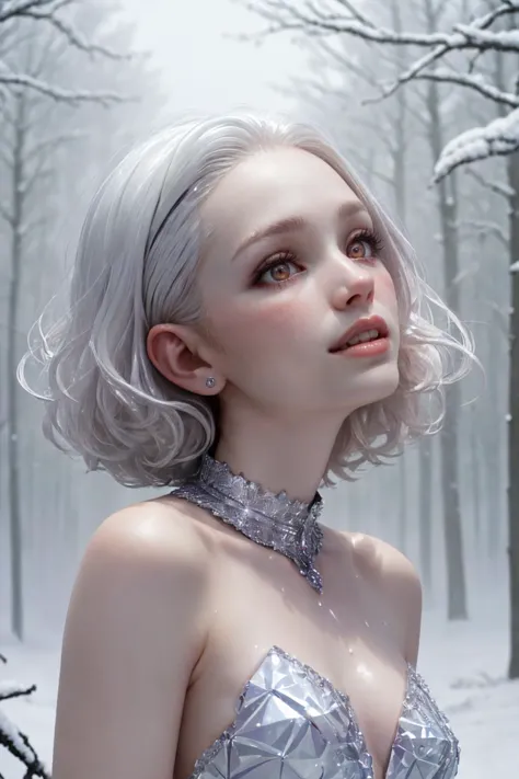 ((smooth flawless pale blushed skin:1.3)) ((magical head and shoulders 1/2 profile portrait)) (Dark Fantasy Aesthetic portrait:1.2), (Glamour, elfin, elegant:1.3) ((white hair, curls, luminous, pulled back over ear with a jeweled silver barrette:1.4))  bust photo of a 20yo, (gorgeous, innocent, painfully beautiful, blushing, sweetness, in love:1.2)  ((wearing a silver platinum metal collar covered in hundreds of tiny diamonds and rubies, in an amazing geometric pattern, inticate details, light sparkling, glittering:1.5)) ((wearing a white metal platinum breastplate covered in hundreds of sparkling diamonds:1.5)) vivacious, enigmatic, ethereal, (albino:1.3) (nymph:1.3), (albinism:1.4), ((High broad forehead:1.5)) ((Clean, Straight Eyebrows)) ((((oddly unusual, Wide-Set enormous purple Eyes))))) ((Tiny cute button nose upturned)), ((small thin, gentle red lipgloss Lips))   windswept (stylish short white hair:1.3) (piercing, flashing, Red eyes, purple eyes:1.3), (looking at viewer), ( Cheeky Smile:1.3), (mischievous Expression:1.2) (flawless skin:1.3), (shiny skin), diaphanous white dress, (snow covered Woodland, foggy:1.4), (half-obscured:1.3), (Close up:1.2), Dutch Angle), (dynamic composition:1.2), (shallow depth of field:1.2), (dappled sunlight:1.2), vibrant, saturation, ((realistic-ultra-HD-details)) ((golden ratio, rule-of-thirds masterful-composition)) ((head down, looking up)) ((slender shoulders))
((detailed amazing hyper_detailed, absurdres, photo, masterpiece))
((8k award winning, best quality)) [chibi]
RAW photo, subject, 8k uhd, soft lighting, high quality, film grain, Fujifilm XT3
<lora:leco_pale_skin_last:-1.6> ((pale skin, white skin))    <lora:crystalline_dress-SD-2.0:.8> crystalline dress <lora:Sparklecore:.4> sparklecore, realistic, scenery, sparkle