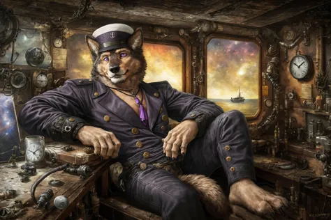 pubraseer as a captain, (steampunk ship), fur, (fluffy), canine, crystal necklace, multicolored body, male, markings, tail, 5 fi...