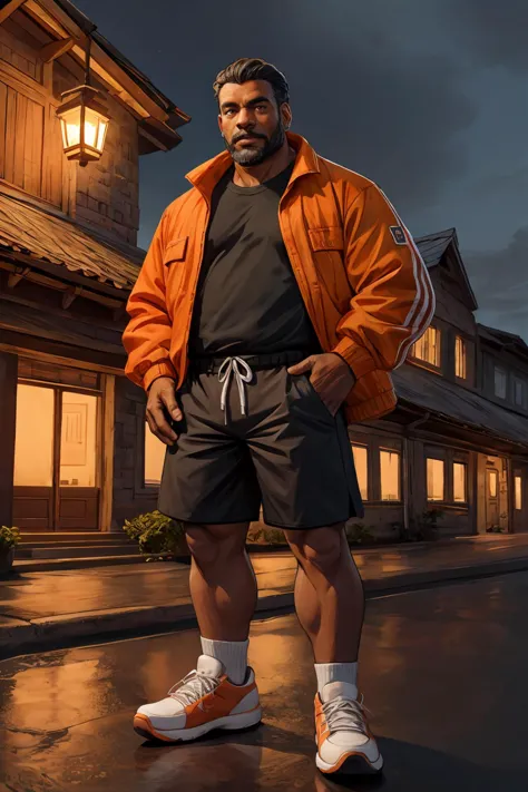 arafed man in an orange jacket and shorts standing in front of a house