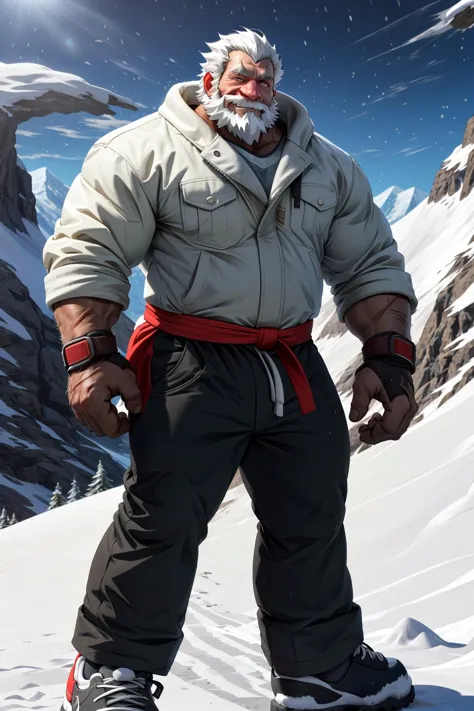 (human),(reinhardt),(scar across eye),An old man climbing a snow-covered mountain,leaning against the slopes in a heavy punching...
