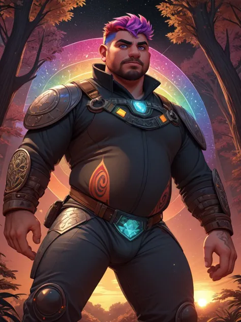 a man in armor stands in front of a forest with a rainbow light