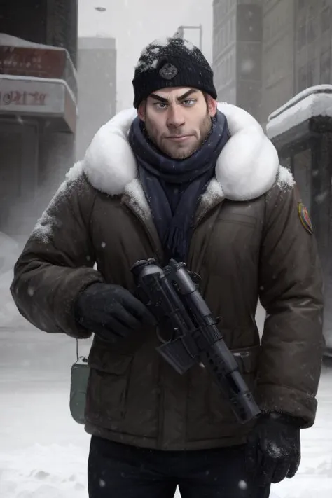 ((Animated series))
snow falling on a man holding a gun,