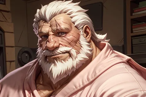 (human),(reinhardt),(scar across eye,scar  on face,blind:1.2),An elderly man's birthday at home,(he's wearing pink pajamas.),(full body),Best quality,masterpiece,4k,8k,highly detailed,detailed face,face_focus,anime,smile,