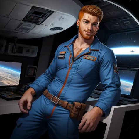 solo, stubble, looking at viewer, spacecraft, science fiction, 1boy, pose, ginger hair, thin lips, scar through eyebrow, stud ea...