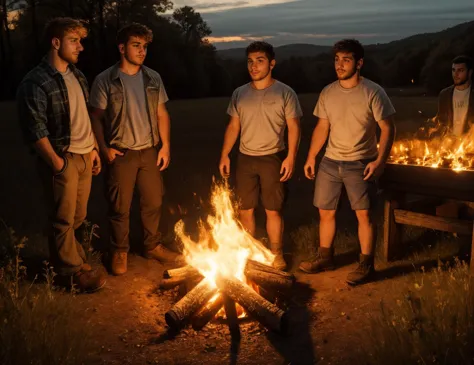 foto de grupo, caipira, (homoerótico:1.2), Fotografia realista detalhada, Homens jovens, ((rosto detalhado, pele realista detalhada)), fundo detalhado, luz solar com rastreamento de raio, fotorrealista hiperdetalhado, realista, preciso, proporcional, foco nítido de 8k, mãos vazias, atmosfera de festa casual, fogueira rural, ao ar livre, período noturno, floresta, Apalaches,