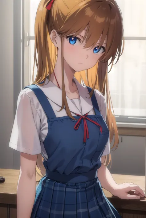 asukalangley, <lyco:asuka langley soryu rebuild-lyco-nochekaiser:1>, 
asuka langley soryu, (souryuu asuka langley:1.2), long hair, bangs, blue eyes, brown hair, hair ornament,
BREAK skirt, shirt, ribbon, school uniform, white shirt, short sleeves, blue skirt, watch, suspender skirt, wristwatch, tokyo-3 middle school uniform,
BREAK indoors, classroom,
BREAK looking at viewer, (cowboy shot:1.5),
BREAK <lyco:GoodHands-beta2:1>, (masterpiece:1.2), best quality, high resolution, unity 8k wallpaper, (illustration:0.8), (beautiful detailed eyes:1.6), extremely detailed face, perfect lighting, extremely detailed CG, (perfect hands, perfect anatomy),