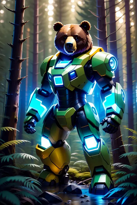 obra de arte,melhor qualidade,robôzoológico, urso mecha, bonitinho, de pé, brilhante, Olhando para o visualizador, Sozinho, corpo todo ,floresta,árvore,    , 