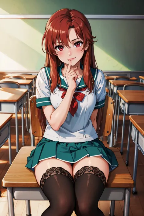 anime girl sitting on a desk in a classroom with her hand on her chin