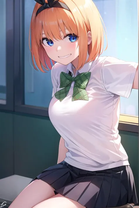 yotsubanakano, <lyco:yotsubanakano-lyco-nochekaiser:1>, 
yotsuba nakano, bangs, short hair, blue eyes, hair between eyes, hair ribbon, hairband, orange hair, green ribbon, <lora:talkmouth_I_v100:1>, smile,
BREAK skirt, shirt, bow, ribbon, school uniform, white shirt, short sleeves, pleated skirt, shoes, socks, collared shirt, miniskirt, bowtie, black footwear, kneehighs, green skirt, black socks, loafers, green bow, sweater vest, green ribbon,
BREAK looking at viewer,
BREAK indoors, classroom,
BREAK <lyco:GoodHands-beta2:1>, (masterpiece:1.2), best quality, high resolution, unity 8k wallpaper, (illustration:0.8), (beautiful detailed eyes:1.6), extremely detailed face, perfect lighting, extremely detailed CG, (perfect hands, perfect anatomy),