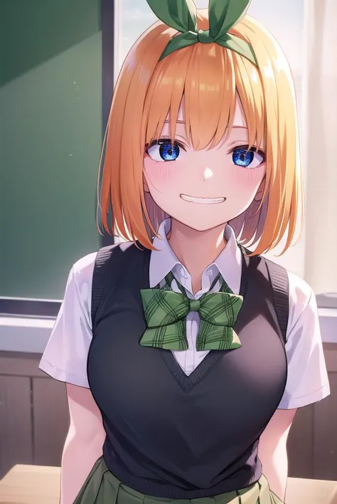 anime girl with orange hair and green bow tie standing in front of a window