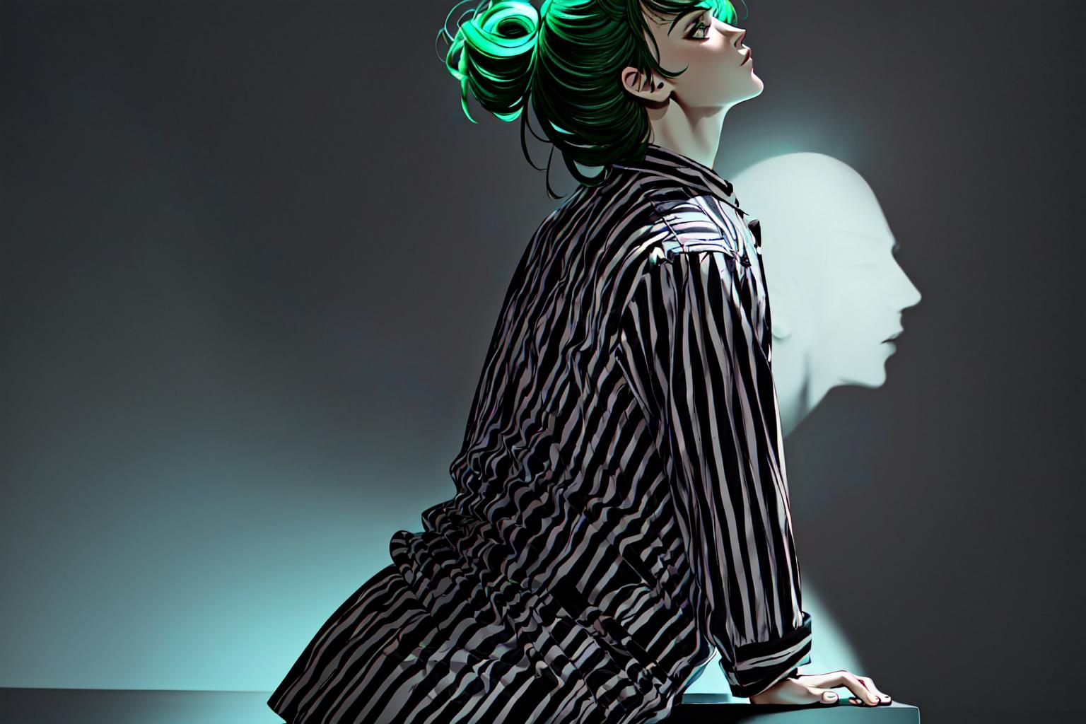 Arafed woman with green hair sitting on a suitcase in front of a shadow -  SeaArt AI