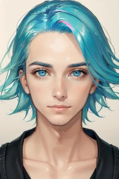 a drawing of a man with blue hair and blue eyes