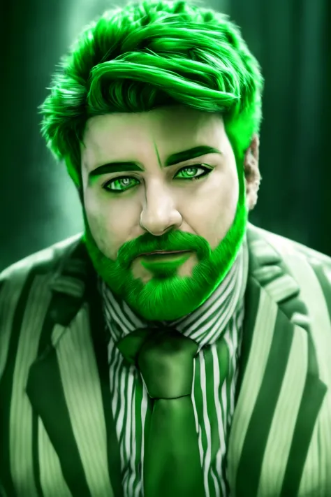 a close up of a man with green hair and a beard