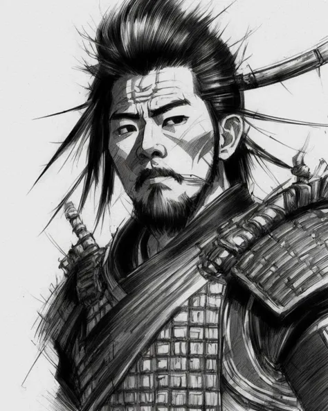 sketch artstyle, a japanese samurai wearing a traditional futuristic armor with fringe, headshot, looking at camera, monochrome, white background, highly detailed, loose strokes, strong contrast, (very bright image:1.3), sunshine, overexposure, overexposed, BREAK
<lora:LowRA:-.6>