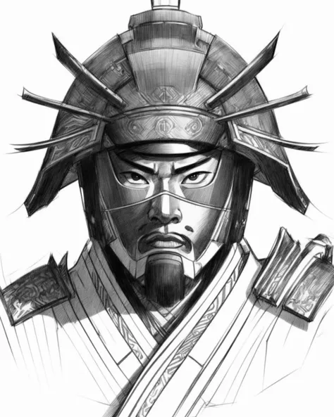 a drawing of a man in a samurai helmet with a sword