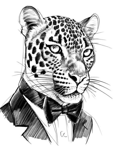 boceto de estilo artístico, leopardo con esmoquin, disparo a la cabeza, Monocromo, Fondo blanco, muy detallado, fuerte contraste, (Imagen muy brillante:1.3), luz solar, sobreexposición, sobreexpuesto, BREAK
