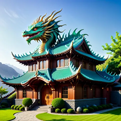 a close up of a building with a dragon on top of it