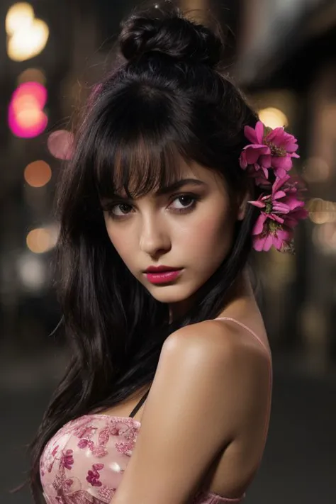 a close up of a woman with a flower in her hair