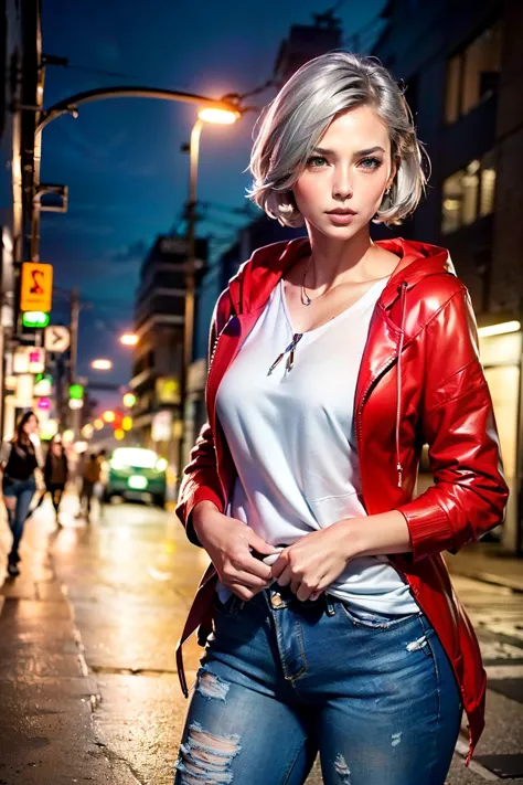 arafed woman in red leather jacket standing on street corner