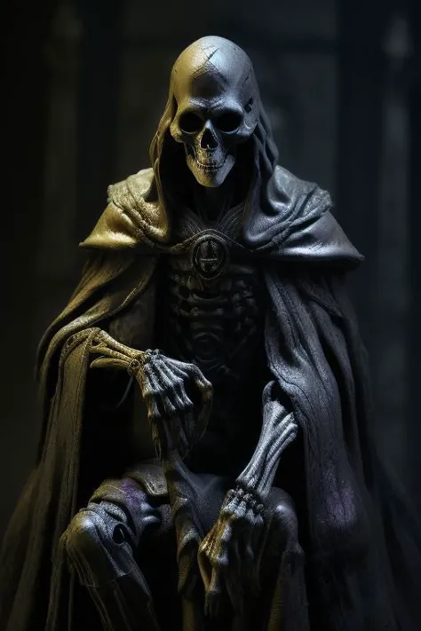 a skeleton sitting on a chair with a cloak and a robe