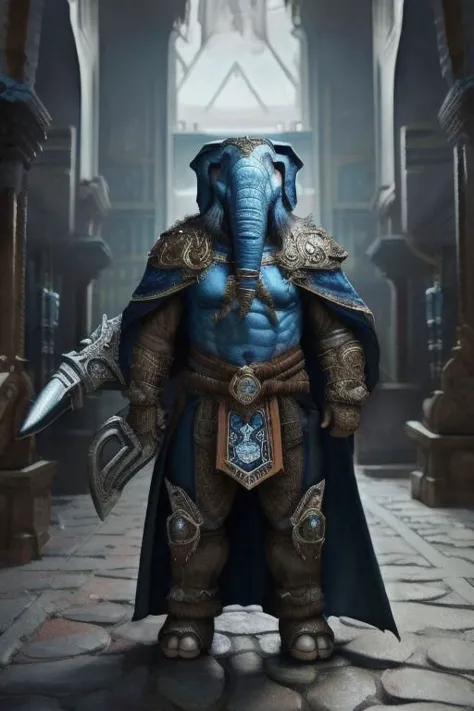 a man in a blue costume holding a sword and a shield