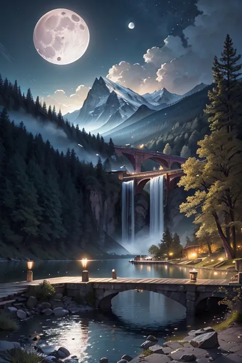 a painting of a waterfall and a bridge in the middle of a forest