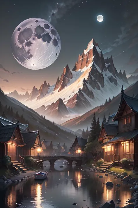 a painting of a mountain village with a full moon in the sky