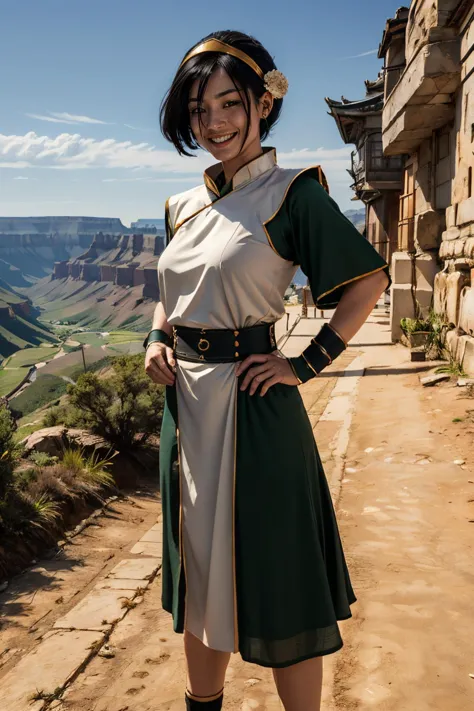 toph bei fong, short black hair, headband,hair ornament, blind, green chinese clothes, tunic, bracers, smiling, standing, hands on hips, outside, field, canyon, dirt, sunny, high quality, masterpiece, 
 <lora:Toph:.7>