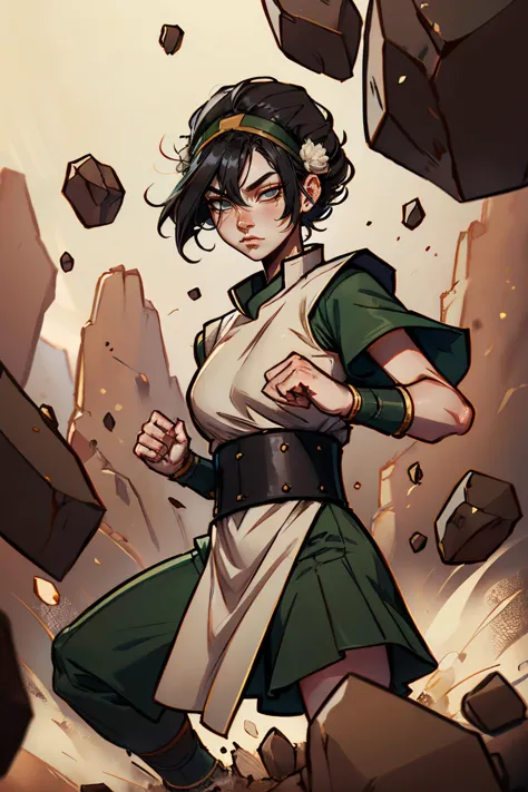 toph bei fong, short black hair, white eyes, headband,hair ornament, blind, green chinese clothes, tunic, bracers, looking serious, fighting pose, floating rocks, canyon, dirt, sunny, high quality, masterpiece, 
 