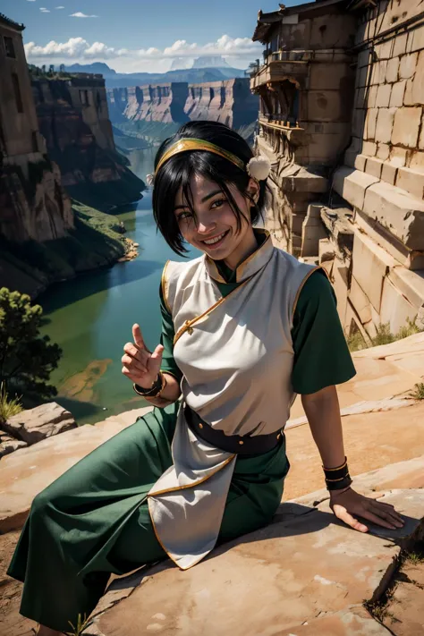 toph bei fong, short black hair, headband,hair ornament, blind, green chinese clothes,  tunic, bracers, smiling, sitting, on rock, outside, field, canyon, dirt, sunny, high quality, masterpiece, 
 <lora:Toph:.7>