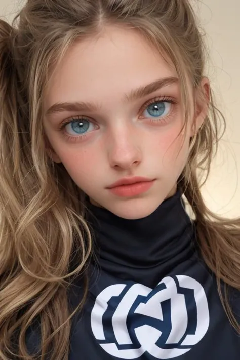 a close up of a young girl with long hair wearing a black shirt