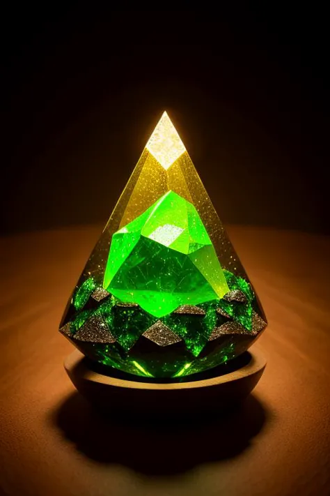 a close up of a green crystal on a plate on a table