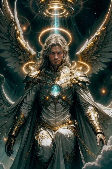 a man with wings and a halo above his head