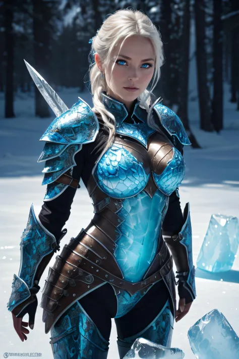 Highres, best quality, extremely detailed, area lighting in background, HD, 8k, extremely intricate:1.3), (cowboy shot), Painting, 1 girl, ice dragon, blue eyes, (ice forming on the body to form armor:1.2), (ice sword:1.2),GlowingRunes_blue, runes on stomach (ice dragon in the background)