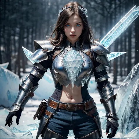 (Masterpiece:1.3), Highres, best quality, (extremely detailed, area lighting in background, HD, 8k, extremely intricate:1.3), (cowboy shot), Painting, 1 girl, ice dragon, blue eyes, (((ice forming on the body to form armor:1.2))),(Ice armour:1.5),ice, (ice sword:1.2),GlowingRunes_blue, runes on stomach (ice dragon in the background)