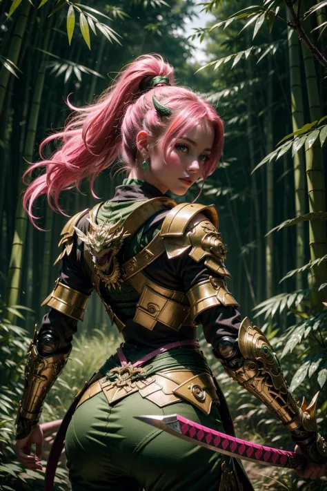 (Masterpiece,high definition, best quality, superior quality, intricate details, beautiful aesthetic:1.2),high quality, 8k, raw, ultra details, extremely detailed and beautiful,A fierce samurai warrior maiden wields a glowing pink katana as she battles an ancient green dragon amidst a magical misty bamboo forest, ribbons and leaves swirling around her. Dynamic action pose, flowing pink and green fabrics, neon lighting, intricate armor details. Japanese fantasy landscape.16k,Girl Facing Dragon,Back to camera,Lens hyperopia mecha musume,mechanical parts, 3d render, cgi, symetrical, octane render, 35mm, bokeh, (intricate details:1.12), hdr, (intricate details, hyperdetailed:1.15)