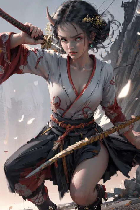 wlstyle, girl,samurai,(traditional_media,illustration:1.2),flowers in hair,kimono,wielding katana,normal_breasts,(oni, horns, de...