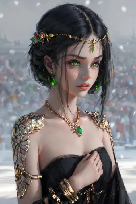 wlstyle, (absurdres, best quality, masterpiece, detailed, highres:1.1), 1girl, (illustration:1.15), black hair, short hair, green eyes, golden jewelry, hair ornament, green earrings, magatama earrings, freckles, bare shoulders, makeup, looking away, solo, blurry background, snow particles, tribune in the background, <lora:WLOPStyle_NAI_c_Extended:1>