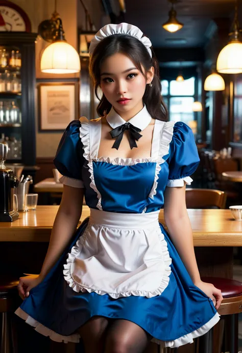 (medium full shot) of (desirable young woman:1.1) maid philippine with long dark hair tied in a bun, brown eyes, tan skin, mediu...