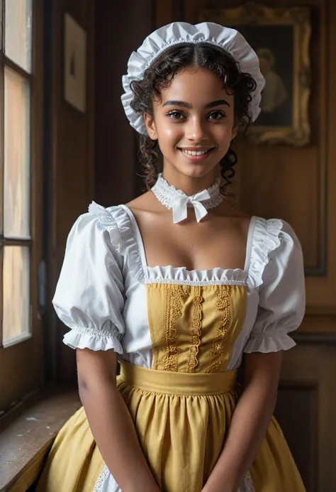 (medium full shot) of (graceful maid) young woman, normal build, short hazel curly down hair, persian, ebony skin, hazel eyes,  wearing maid bonnet, yellow embroidered maid dress with white frills, apron with lace trim, fishnet stockings, simple pumps, light eyeshadow, carrying a feather duster, set in  an old mansion, with wooden floors and historic charm, the maid cleaning the windows , woman smiling, detailed face, ,Masterpiece,best quality, photo, realistic, very aesthetic