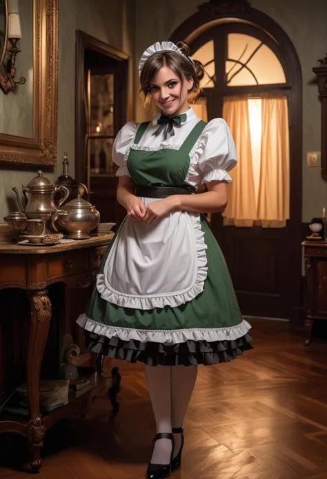 (medium full shot) of (captivating maid) young woman, busty build, short brown french twist hair, spanish, tan skin, green eyes,...