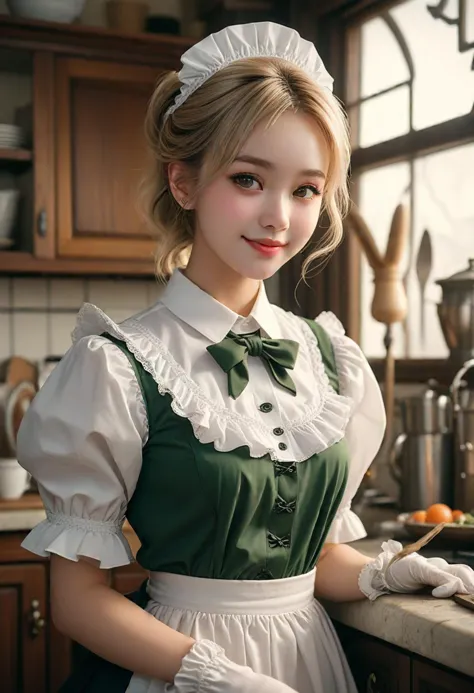 (medium full shot) of (captivating maid) young woman, slim build, medium blonde updo hair, chinese, fair skin, hazel eyes,  wearing maid head kerchief, green collared shirt with ruffles, pleated skirt, apron with lace trim, opaque thigh-high stockings, high-heeled shoes with bows, light eyeshadow, white gloves, set in  a vintage kitchen, with antique appliances, classic decor, rich textures, warm lighting , woman smiling, detailed face, ,Masterpiece,best quality, photo, realistic, very aesthetic