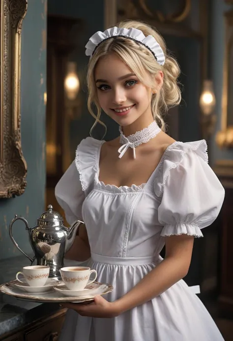 (medium full shot) of (graceful maid) young woman, lithe build, medium blonde layered cut hair, south african, dark skin, black eyes,  wearing maid bow headband, white sleek maid dress with white frills, apron with lace trim, over-the-knee socks with lace trim, simple pumps, subtle eyeliner, carrying a silver tray with tea service, set in  __cof-location/place/luxury-hotel , at night, woman smiling, detailed face, ,Masterpiece,best quality, photo, realistic, very aesthetic